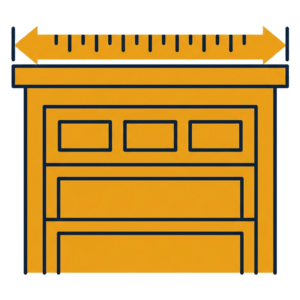 Yellow graphic of a garage door with a double-headed arrow and ruler markings above it, representing width measurement—ideal for garage door repair Fort Wayne services.