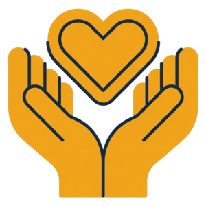 Two stylized yellow hands are open and facing upward, with a yellow heart floating above them, outlined in black—symbolizing care, love, or support like trusted garage door repair Mendota services.