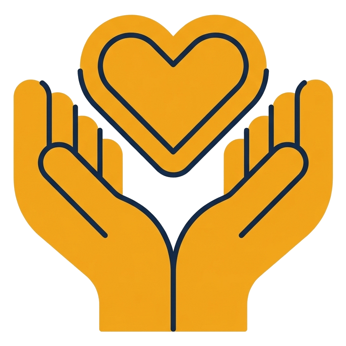 Two stylized yellow hands are open and facing upward, with a yellow heart floating above them, outlined in black—symbolizing care, love, or support like trusted garage door repair Mendota services.