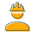 Simple icon of a person wearing a hard hat, depicted in orange with blue outlines on a light gray background—ideal for garage door repair Mendota services.