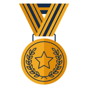 Gold medal with a star and laurel wreath design, hanging from a gold and navy striped ribbon—perfect for celebrating garage door repair New England excellence.