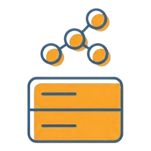 A stylized icon shows a yellow database with two rectangles below a connected network of five yellow circles, all outlined in blue—perfect for representing garage door repair Sauk Valley services.