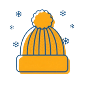 A yellow winter hat with a pom-pom on top, outlined in blue, is shown with small blue snowflakes surrounding it—perfect for those chilly garage door repair Mendota mornings.