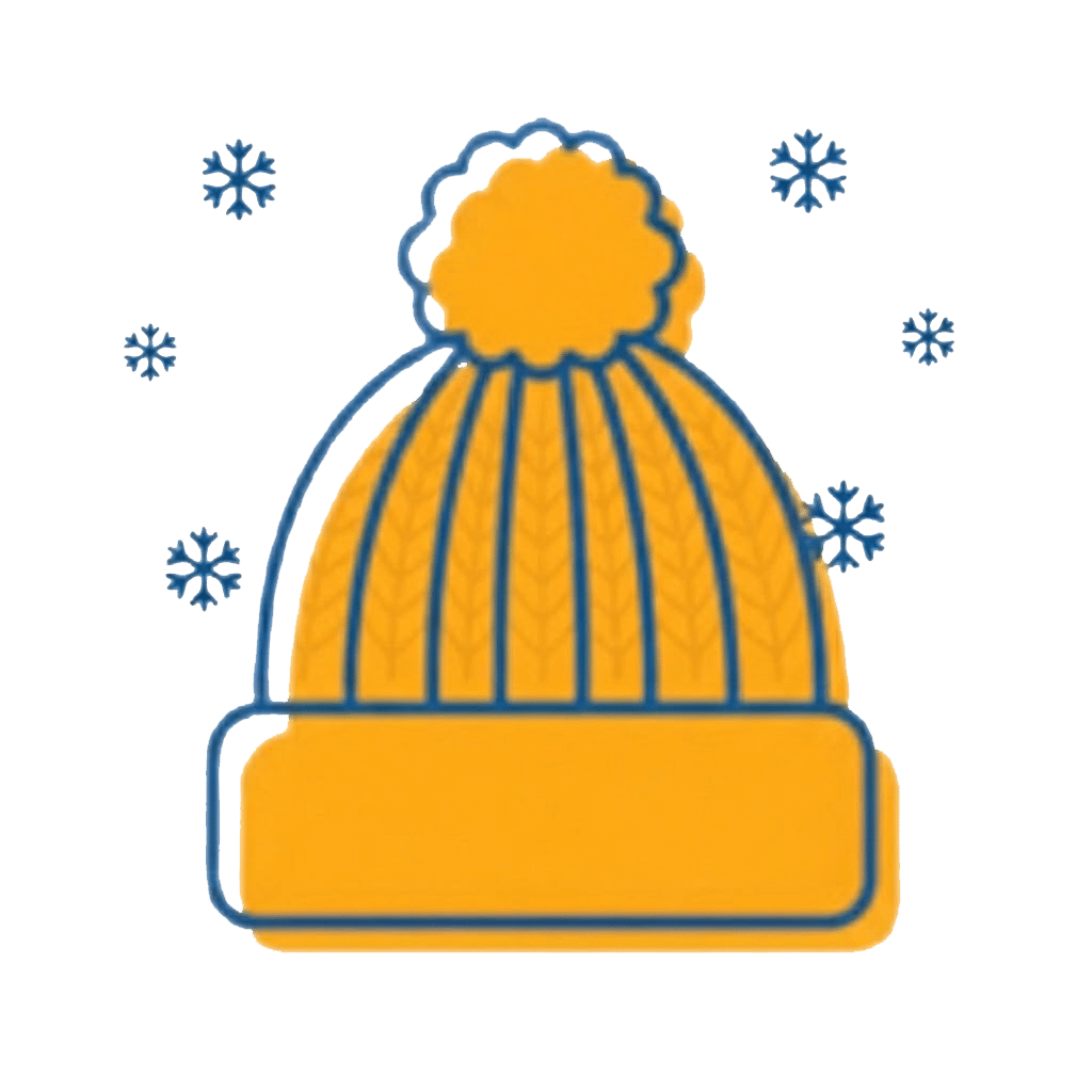 A yellow winter hat with a pom-pom on top, outlined in blue, is shown with small blue snowflakes surrounding it—perfect for those chilly garage door repair Mendota mornings.